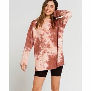 Free People We The Free Tie Dye Cabernet Coral Combo Cotton Long Sleeve Shirt